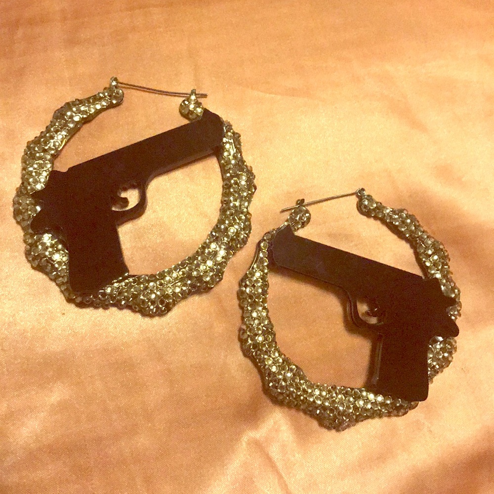 Gun Bamboo Rhinestone Hoop Earrings ‼️✨🔫